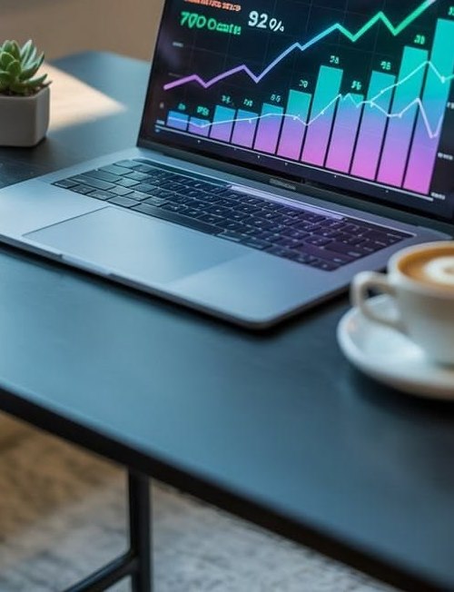 A laptop open on a desk beside a coffee