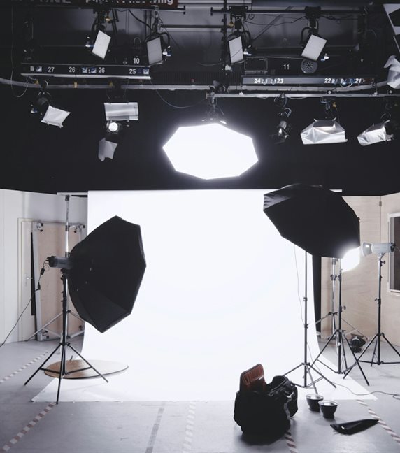 A product photography studio lit with softboxes